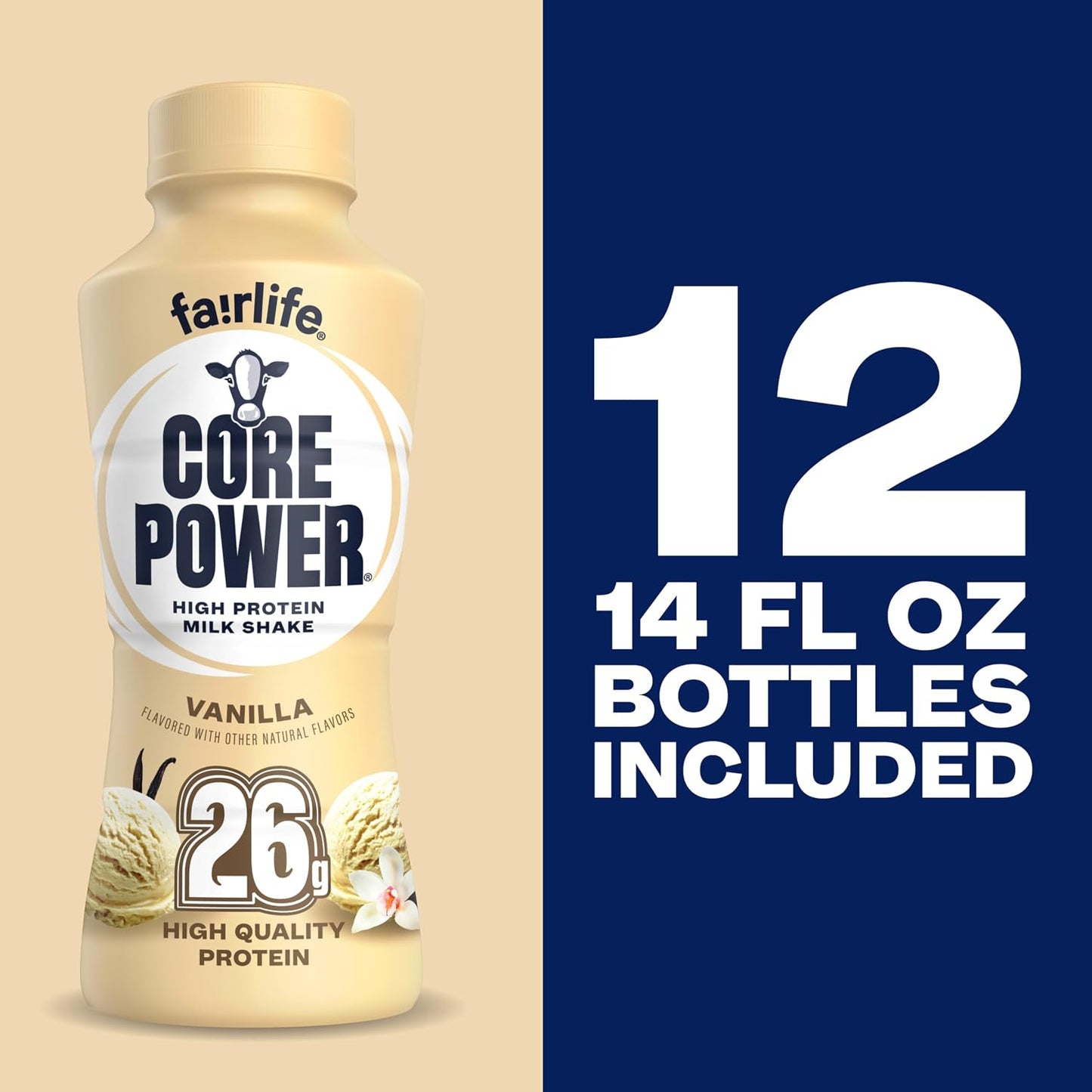 Core Power Protein Shake, Vanilla, 26g Bottle, 14oz, 12 Pack