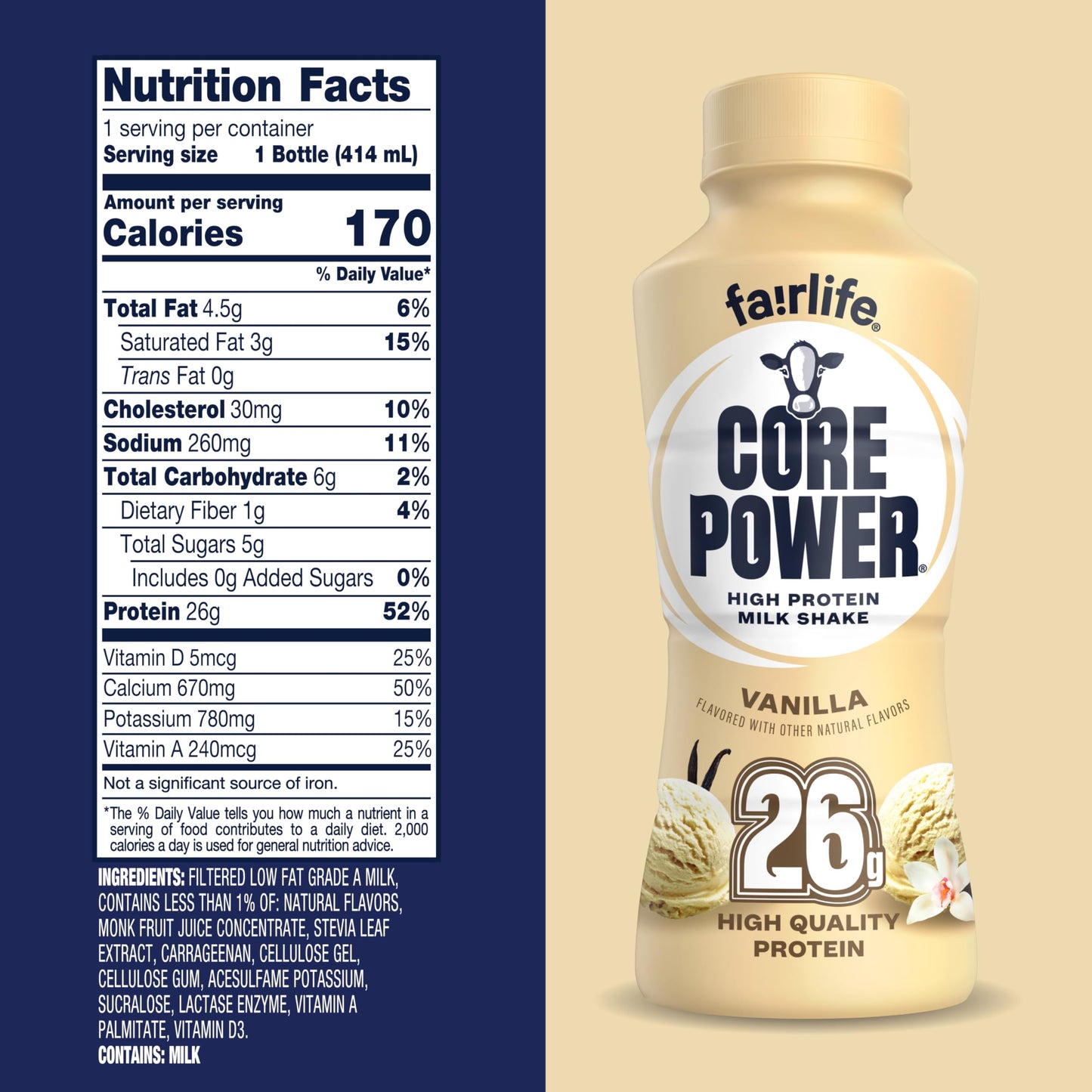 Core Power Protein Shake, Vanilla, 26g Bottle, 14oz, 12 Pack