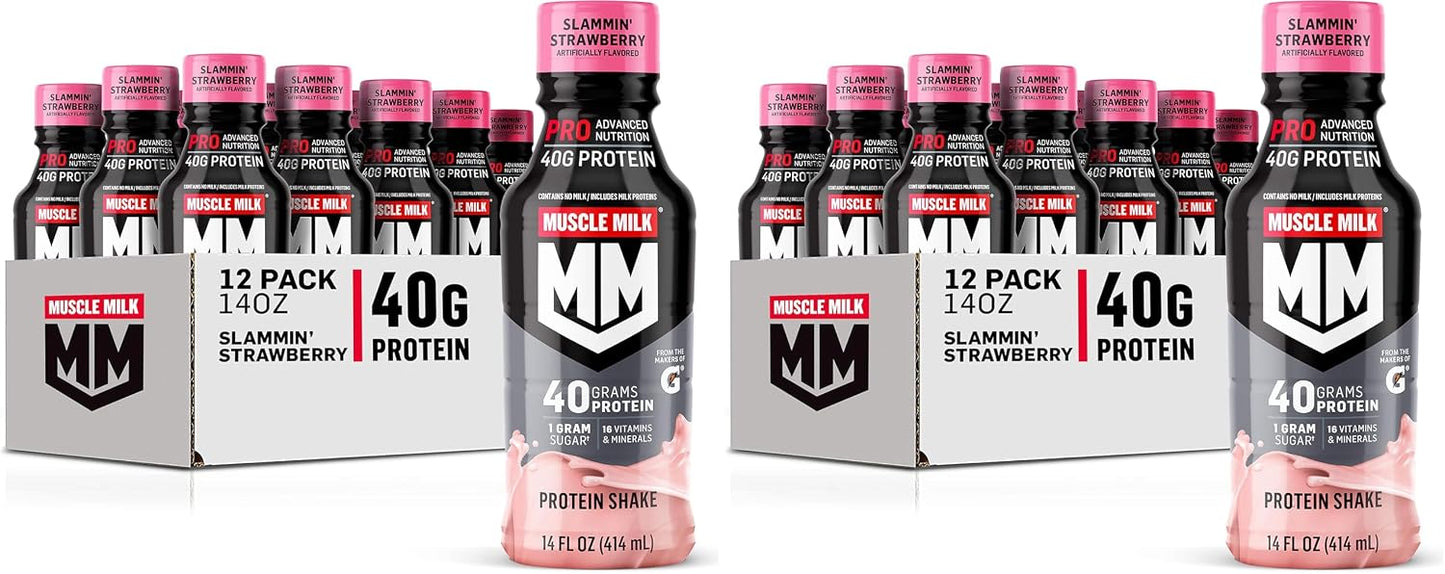 Muscle Milk Pro Series Protein Shake, Slammin' Strawberry, 40g Protein, 14 Fl Oz, 12 Pack