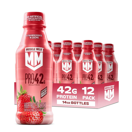 Muscle Milk Pro High Protein Shake, Strawberry Creme, 14oz Bottles, (12 Pk) | Ultra-Filtered Milk, 42g Protein, 4g Sugar, 250 Calories, No Artificial Flavors, No Artificial Sweeteners, No Added Colors